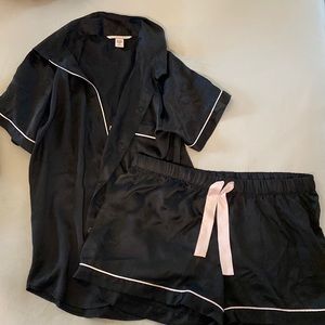 Worn once! Black/Pink Victoria’s Secret Satin pajama set in size Medium